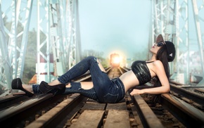 railway, girl, high heels, bridge, jeans, model