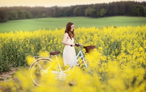 Rapeseed, yellow flowers, model, girl, field, bicycle
