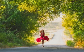 trees, road, model, girl, red dress