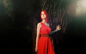 cosplay, red dress, model, redhead, trees, girl