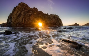 rock, sea, nature, sunset