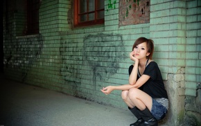 girl outdoors, model, girl, brunette, walls, Asian