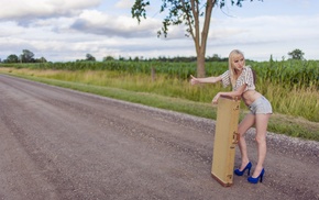 jean shorts, blonde, girl, high heels, road, model