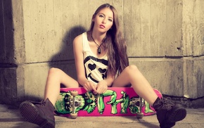 spread legs, skateboard, tank top, girl, walls