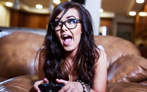 girl, open mouth, video games, glasses