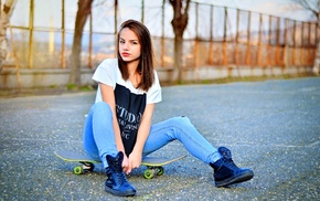 model, road, girl, skateboard, jeans