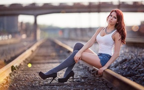 high heels, jean shorts, rail yard, redhead, girl, model