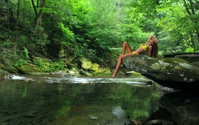 bikini, girl, river, model, rock, nature