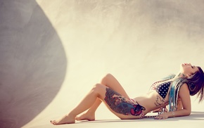 girl, model, feet, walls, tattoo, bikini