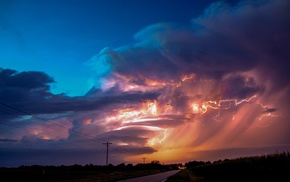 lightning, road, clouds