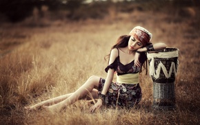 dry grass, girl, Asian, model