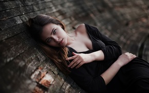 black dress, girl, wood, model