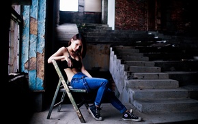 jeans, stairs, chair, girl, model, Asian