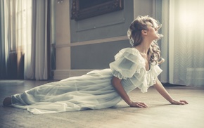 window, girl, model, white dress, blonde