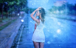 wet hair, girl, rain, road, Asian, wet clothing