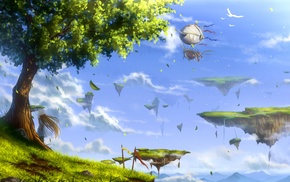 clouds, trees, birds, aircraft, anime girls