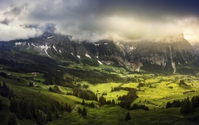 clouds, nature, valley, Switzerland, mountain, trees