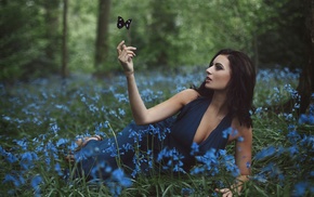 Amy Spanos, blue flowers, butterfly, girl
