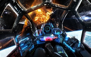 HUD, space, explosion, science fiction, spaceship, artwork
