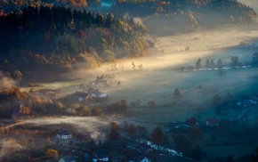 sunrise, fall, village, landscape, forest, field