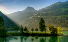 Switzerland, landscape, hill, lake, sunlight, nature