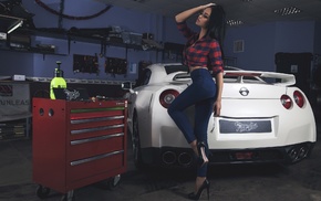 model, garages, high heels, girl, car, jeans