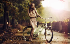leaves, dress, girl, fall, Karen Abramyan, bicycle