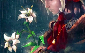 girl, flowers, doll, crying, rain