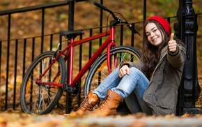 jeans, bicycle, model, boots, sitting, girl outdoors