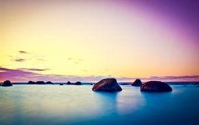 nature, sunset, rock, long exposure, water