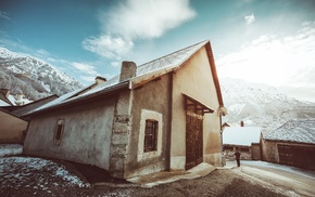 road, house, snow, mountain, nature