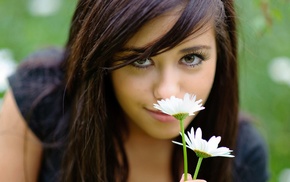 nature, brunette, girl, flowers, face