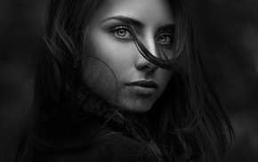 portrait, hair in face, monochrome, looking at viewer, model