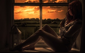 redhead, sunset, girl