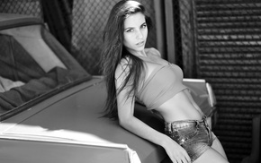 Elena Umrihina, car, girl, model, jean shorts