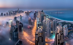 Dubai, skyscraper, sunrise, building, mist, landscape