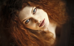 girl, looking up, redhead, face, blue eyes, curly hair
