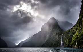 waterfall, sea, mist, water