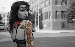 city, tattoo, girl, road, model, selective coloring