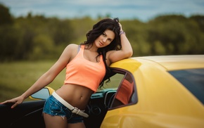 model, girl, jean shorts, car