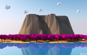 trees, mountain, low poly, reflection