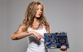 blonde, girl, computer, MSI, white tops, motherboards