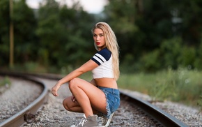 girl, railway crossing, model, jean shorts, blonde