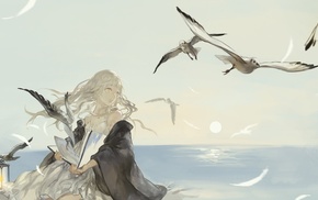 anime girls, sea, birds