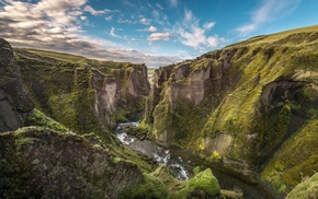 landscape, nature, Iceland, canyon, moss, clouds