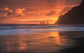 vik, sunset, sand, sun rays, Iceland, rock