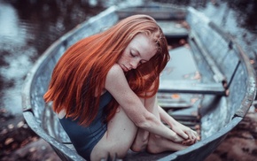 girl outdoors, sitting, redhead, boat, closed eyes, long hair