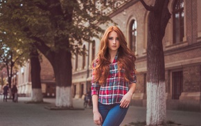jeans, model, plaid, trees, redhead, girl