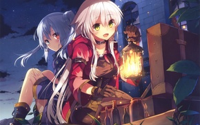 books, lantern, night, stars, anime girls