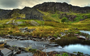 abandoned, landscape, hill, river, nature